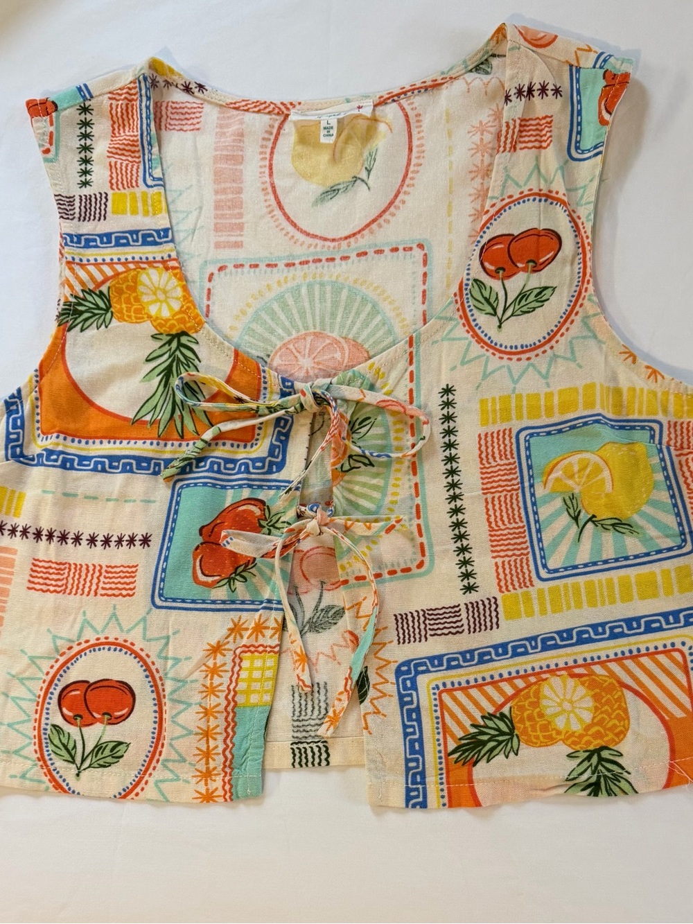 Angel Kiss Multicolor Fruit Patchwork Tie-Front Crop Top
